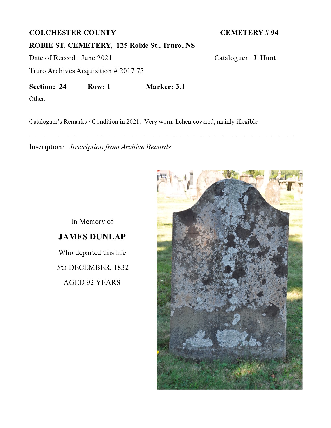 DUNLAP, James Truro Cemetery